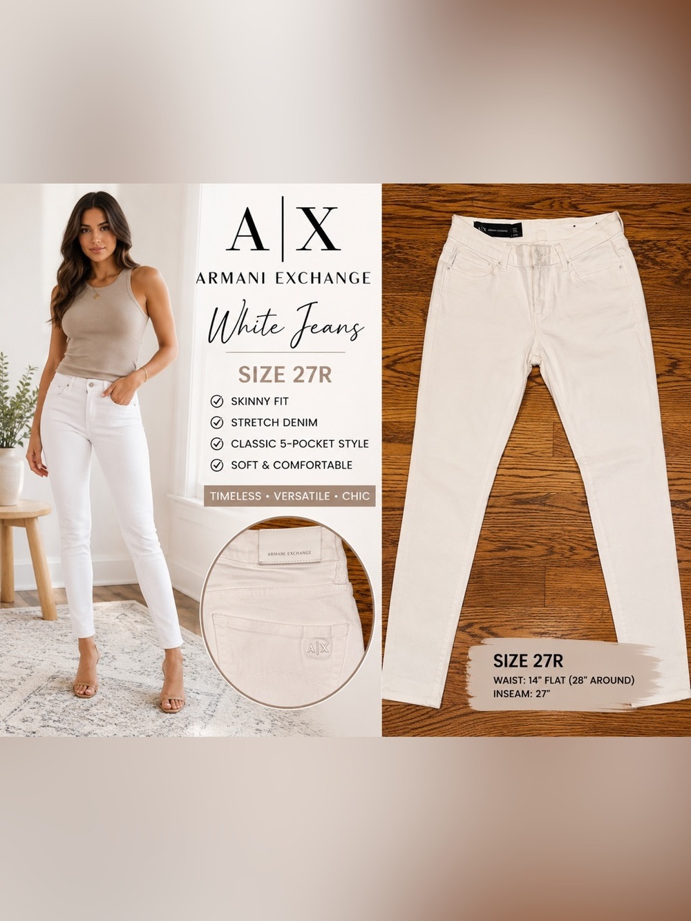 A|X Armani Exchange White Skinny Jeans Women’s Size 27R Stretch Denim